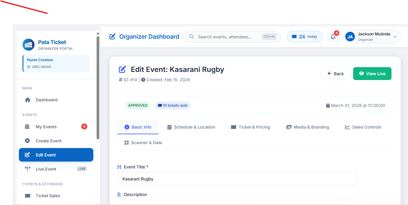 Mobile dashboard showing event management